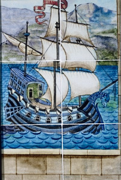 Six tiles depicting a galleon by William de Morgan